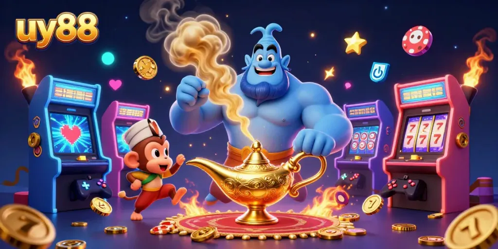 Experience the magic of uy88 with thrilling slot games featuring a cartoon genie and poker chips.