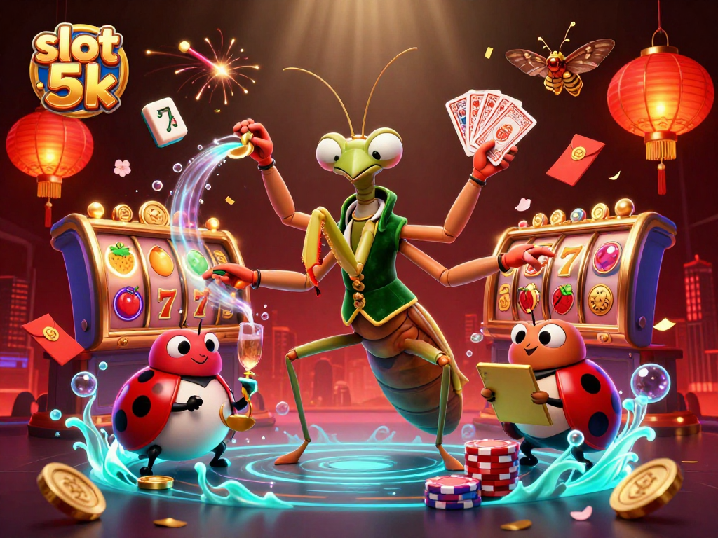 Engaging illustration of slot 5k with vibrant casino characters and game elements, showcasing dynamic action.