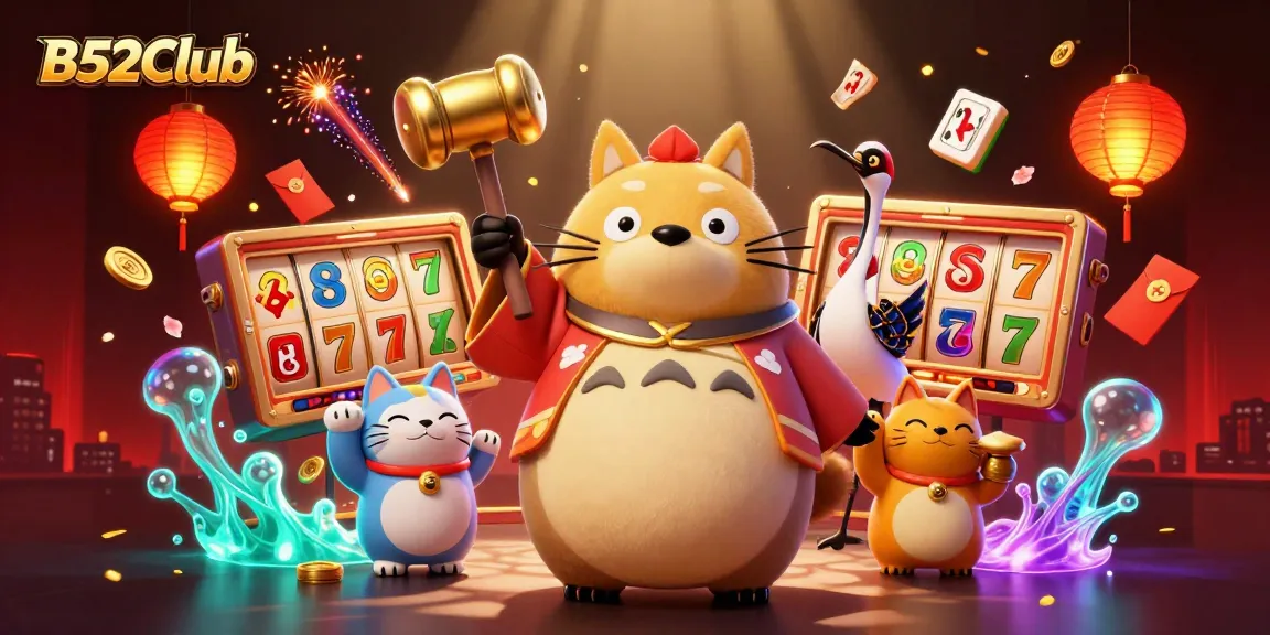 Win big with B52Club in this vibrant gambling scene featuring lucky symbols and characters.