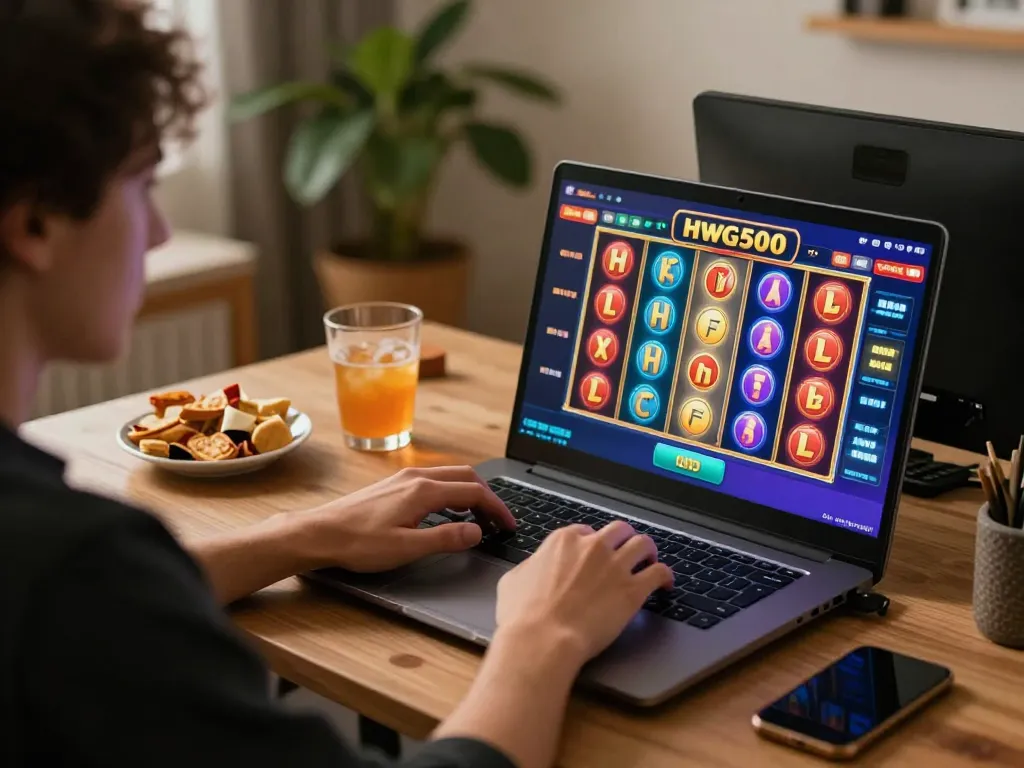 Bermain slot hwg500 di rumah dengan laptop, camilan, dan pencahayaan hangat.