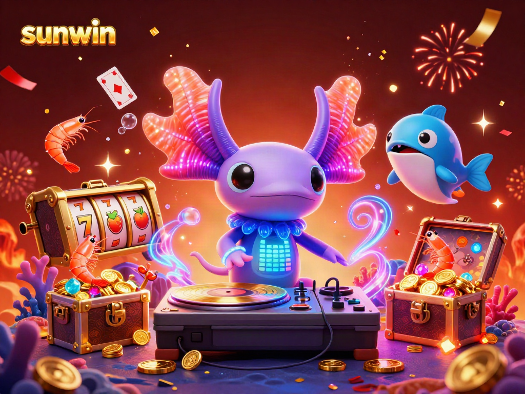 Experience sunwin's vibrant casino atmosphere with a playful DJ, colorful characters, and rich gaming elements.