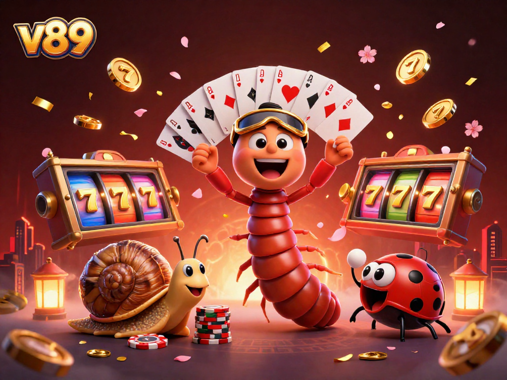V89 menghadirkan dealer kartun 3D dan pemain kasino dengan chip besar, simbol slot, dan elemen beruntung.