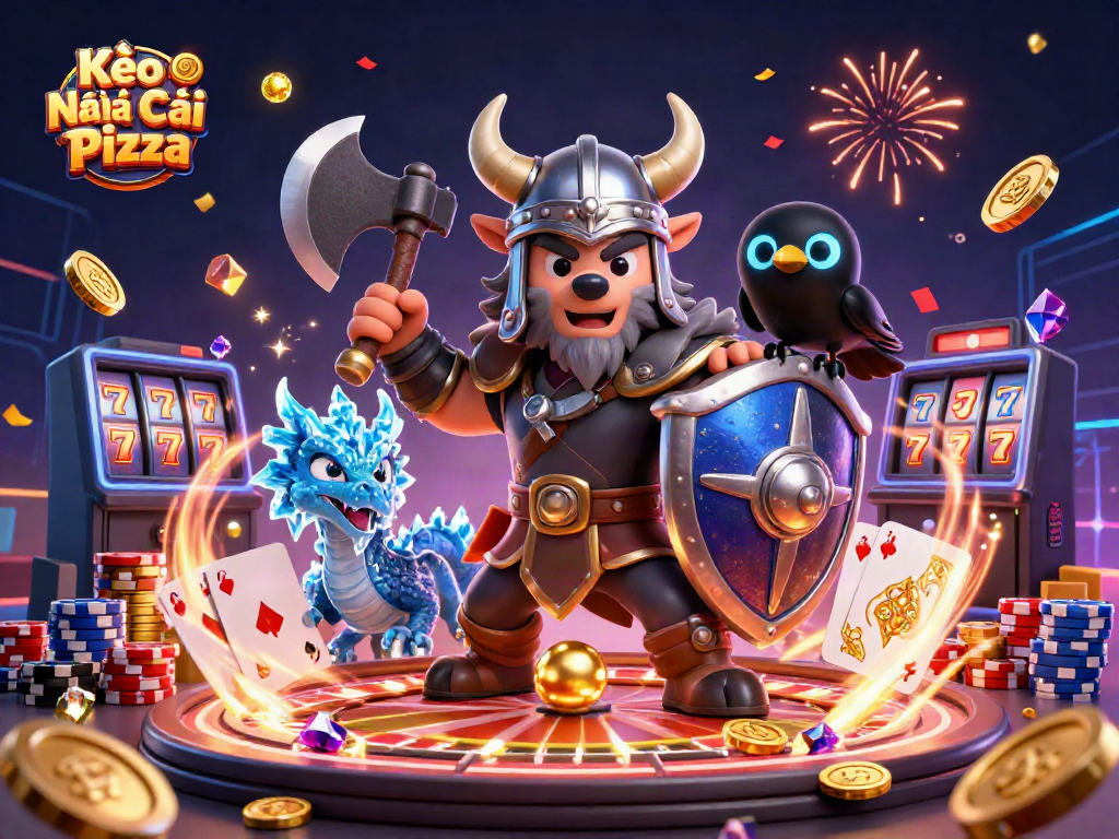 Experience the thrill of gambling at Kèo Nhà Cái Pizza with this dynamic 3D illustration of colorful casino elements.