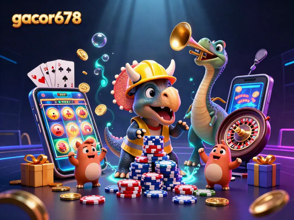 Play exciting games with gacor678 as vibrant characters build a poker chip pyramid in a thrilling atmosphere.