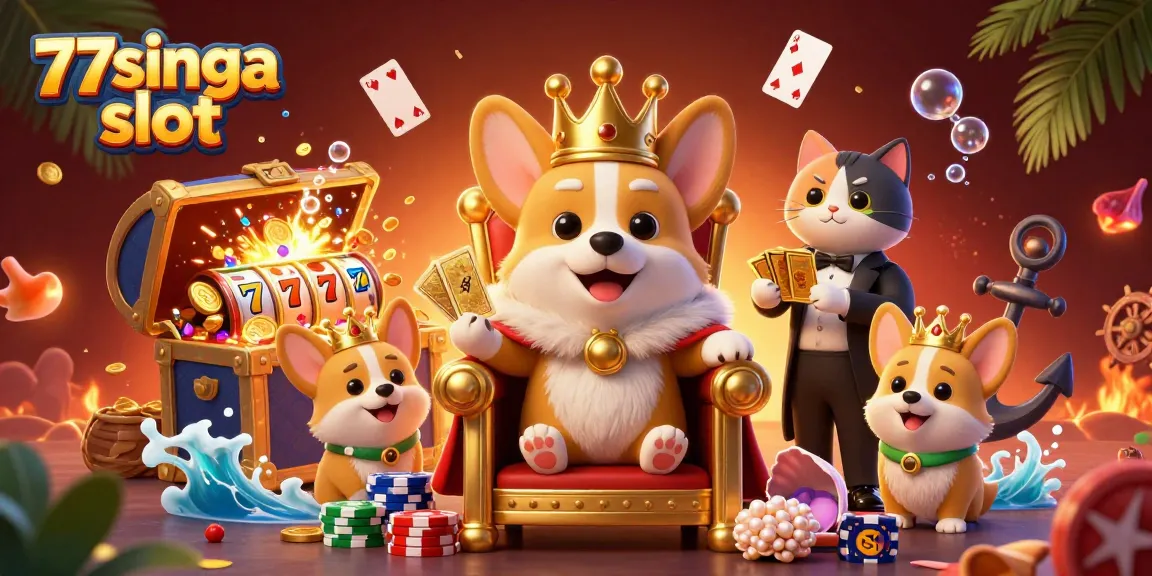 Putar gulungan untuk kemenangan besar di slot 77singa, menampilkan karakter 3D yang cerah dan elemen kasino yang kaya.
