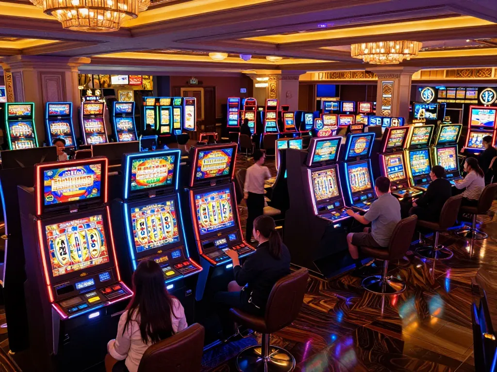 Players enjoying slot gacor machines in a lively casino atmosphere with vibrant neon lights.