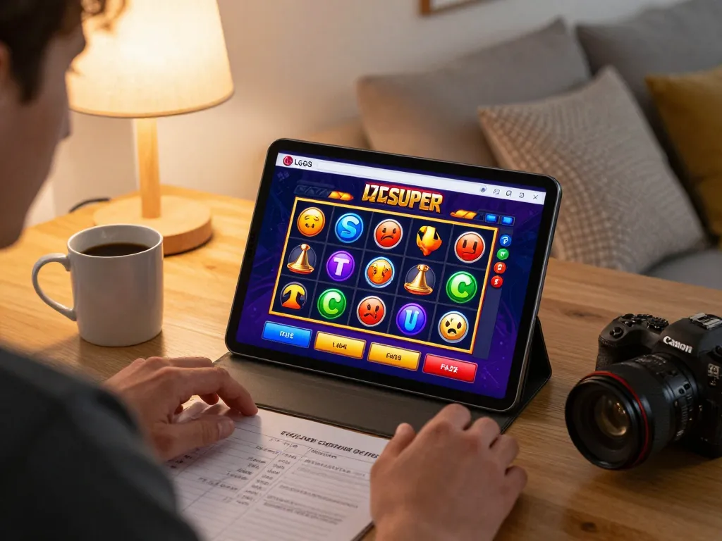 Engaging in LGOSUPER's exciting online slots gameplay on a tablet in a warm home setting.