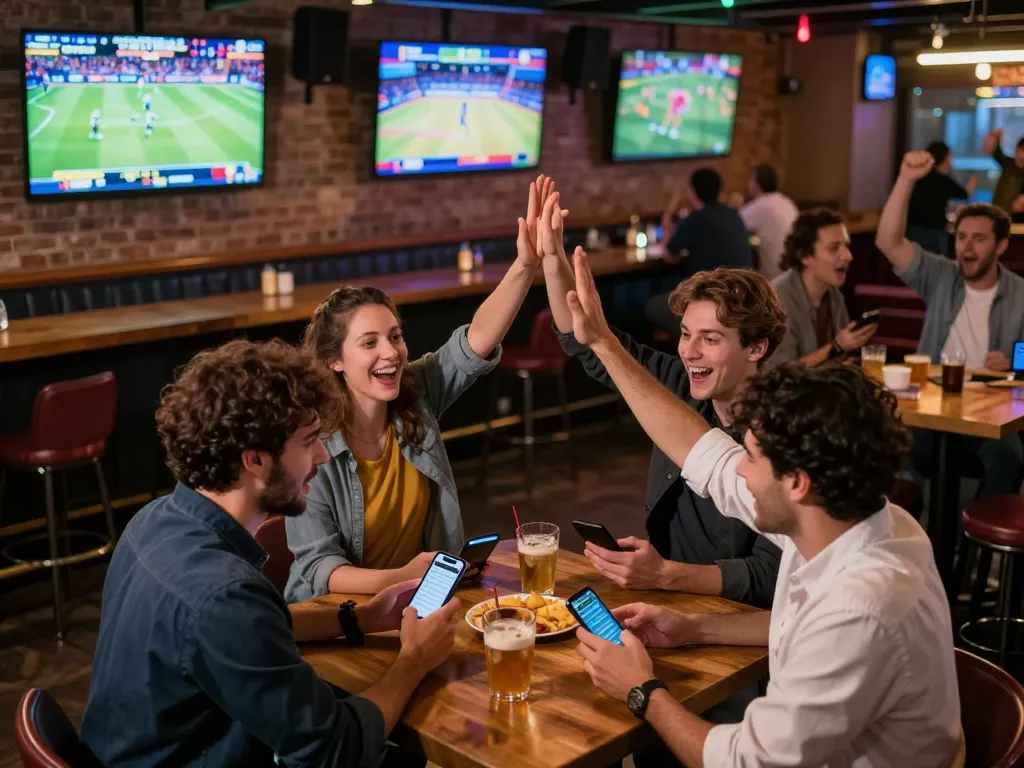 F168 thể thao sports betting at a vibrant bar with friends celebrating their wins and engaging with betting apps.