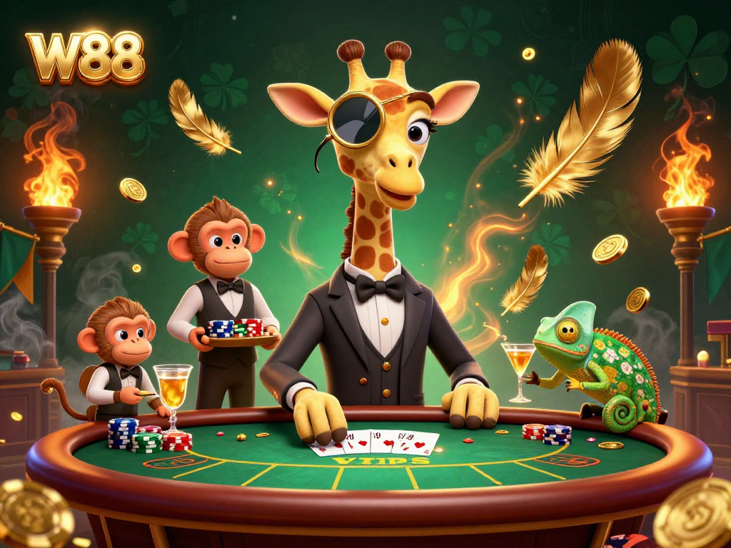 Experience excitement at W88 with a high-roller giraffe, poker table, and animated cocktail prep.