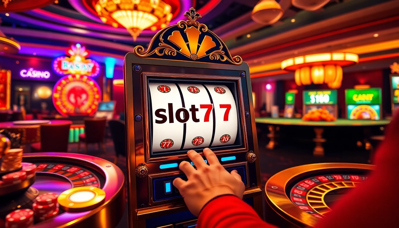 Engage in the thrilling slot777 login experience with vibrant casino elements and a player at a luxury slot machine.