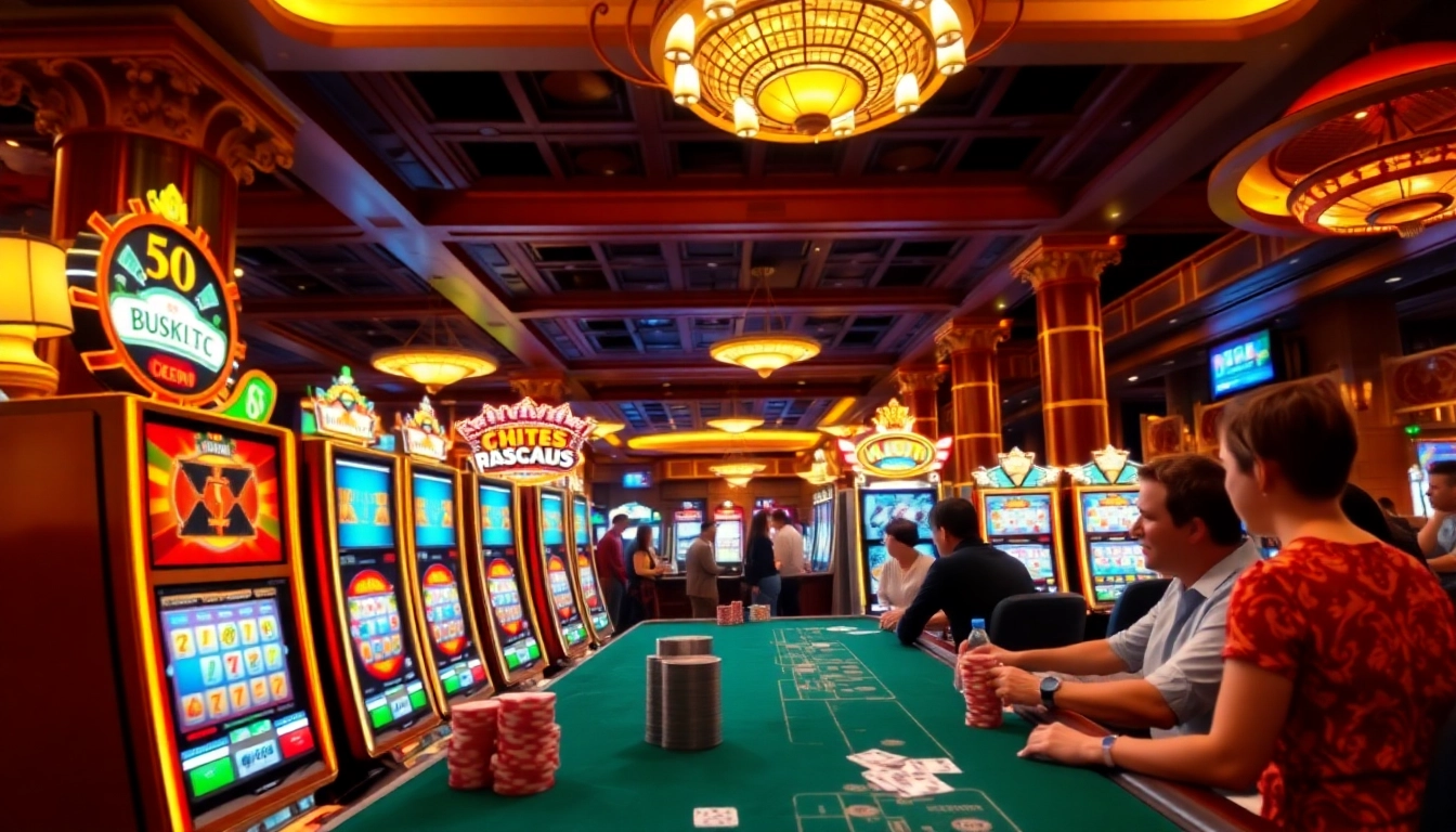 OLYMPUS88 hadir dalam suasana kasino yang meriah dengan mesin slot dan meja permainan.