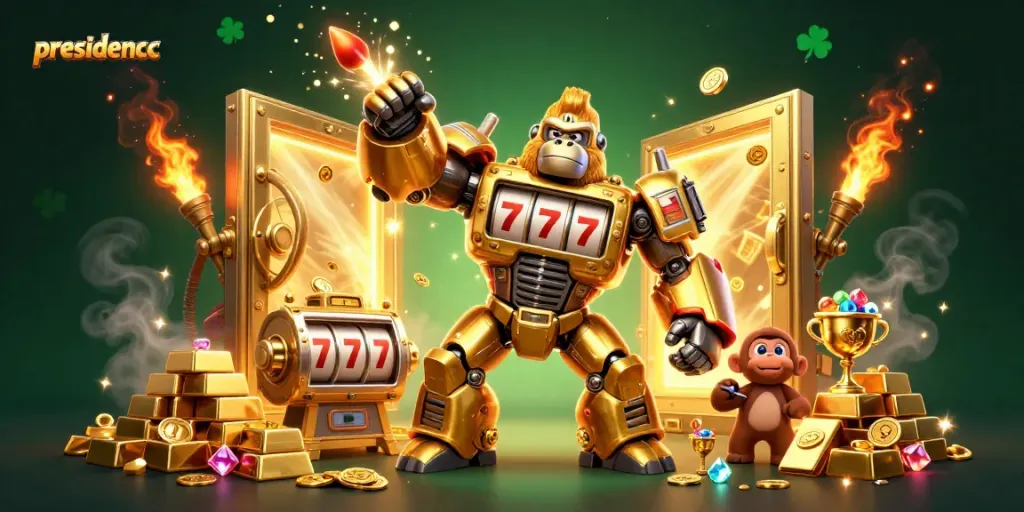Experience exciting slot action at presidencc with a dynamic golden mech and treasures.