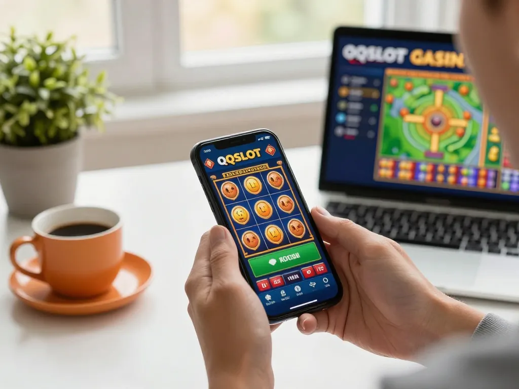 Engaging mobile gameplay on the QQSLOT app, enhancing player's strategic options in a cozy home office.