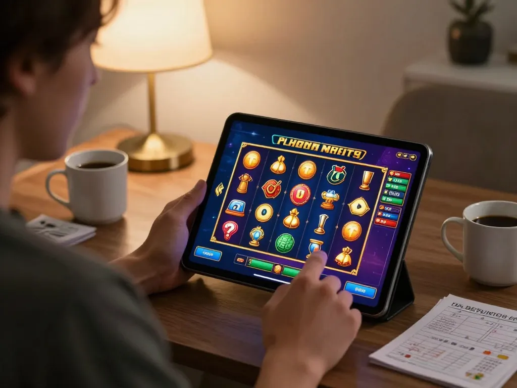 BAYITOTO player engaging with online slot games at a cozy home desk