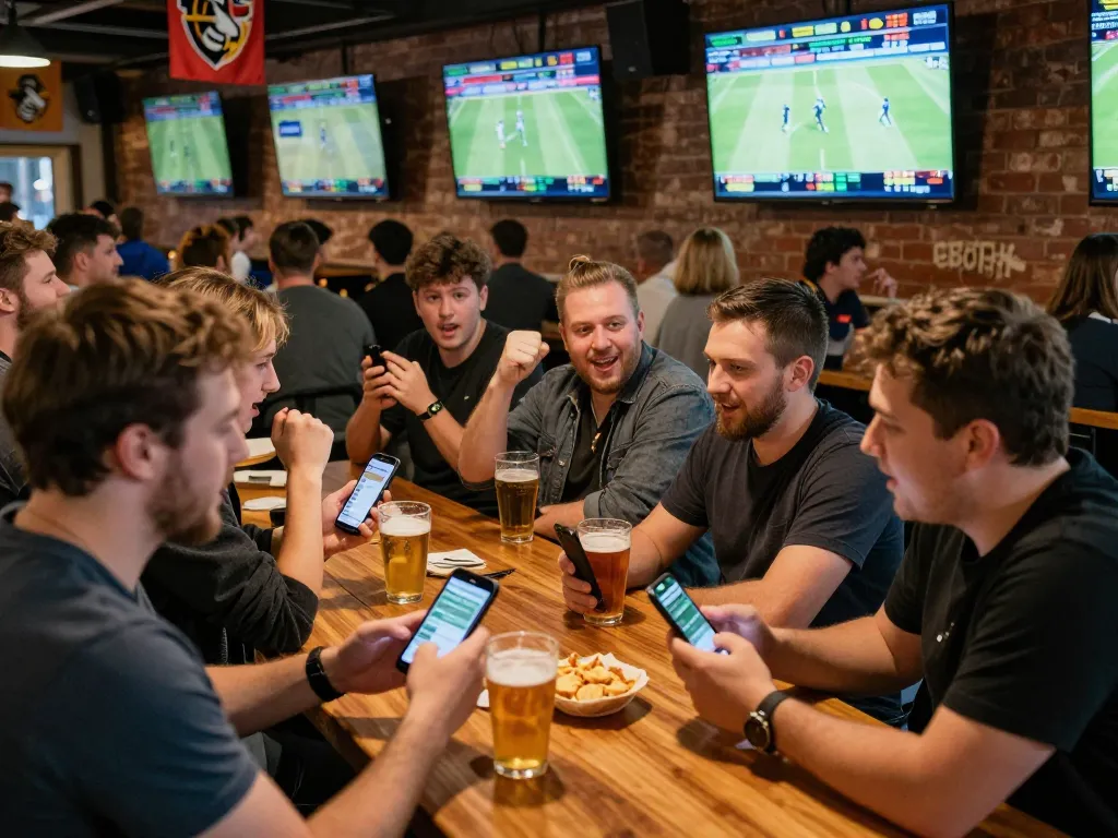 Engaged friends enjoying dn88 sports betting experience with exciting live games on screens.