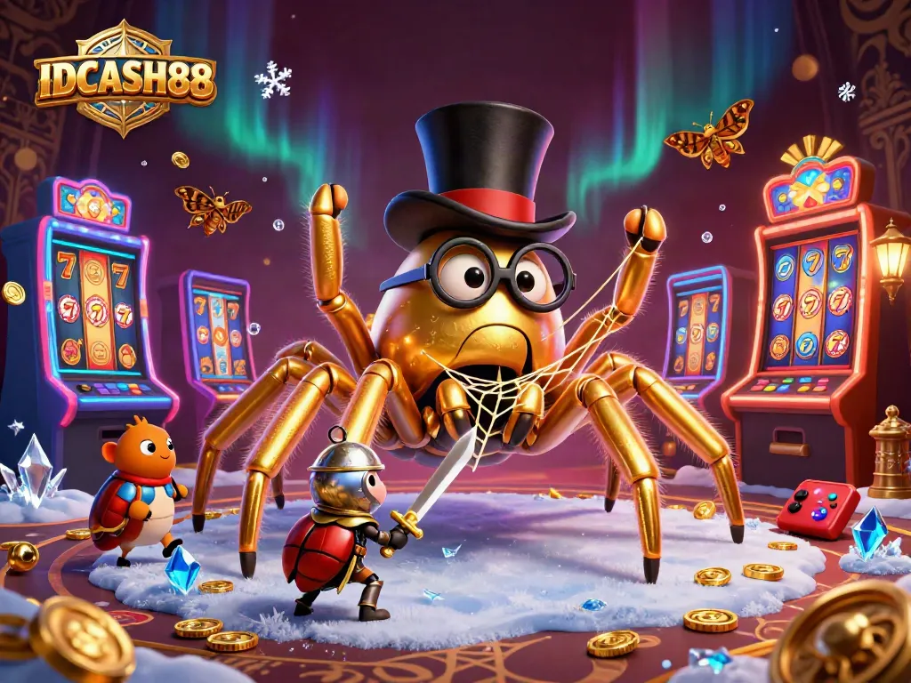 Play slots confidently with IDCASH88, featuring a cartoon tarantula and playful beetle knight.