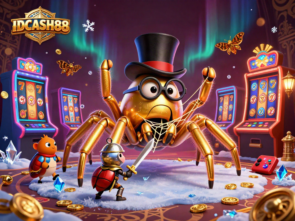 Play slots confidently with IDCASH88, featuring a cartoon tarantula and playful beetle knight.