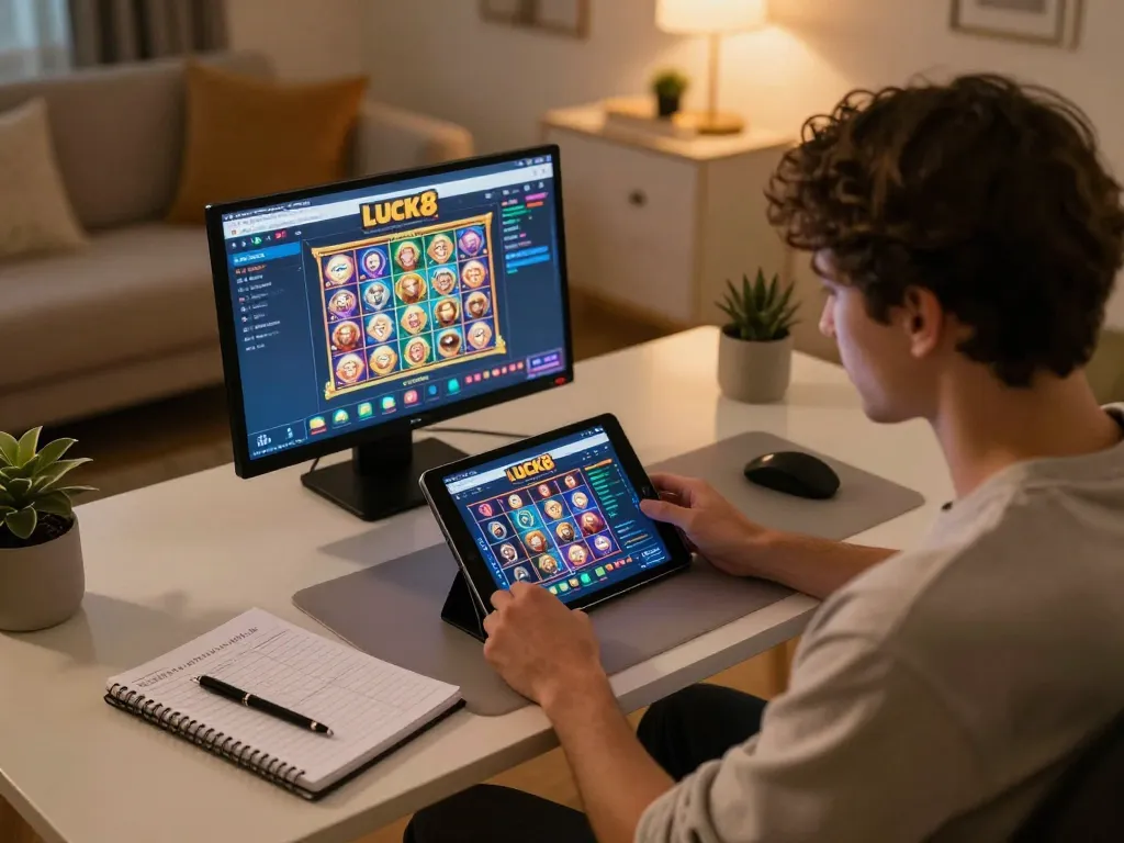 Player engages with the LUCK8 casino app while using strategic notes in a cozy home setup