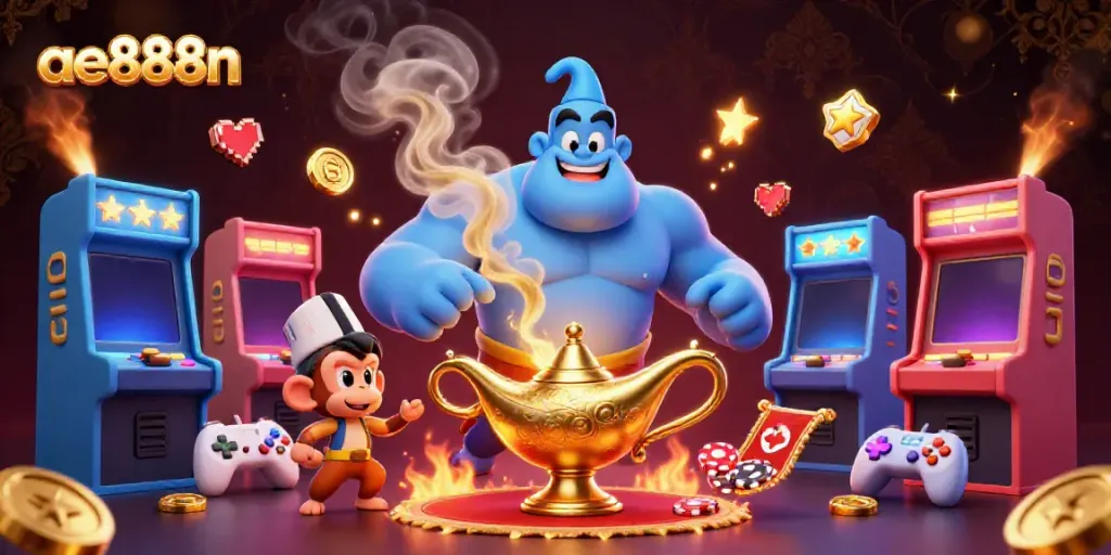 Experience thrilling fun at ae888n with a dynamic scene featuring a blue genie, poker chips, and vibrant game elements.