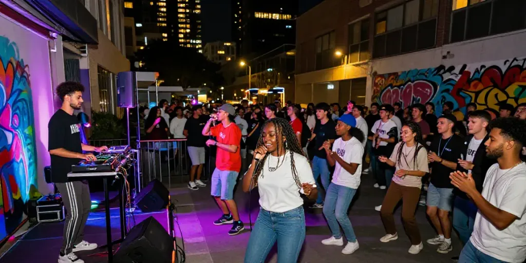 Vibrant micro gig scene at https://jakartabeat.net with energetic crowd and live performance.
