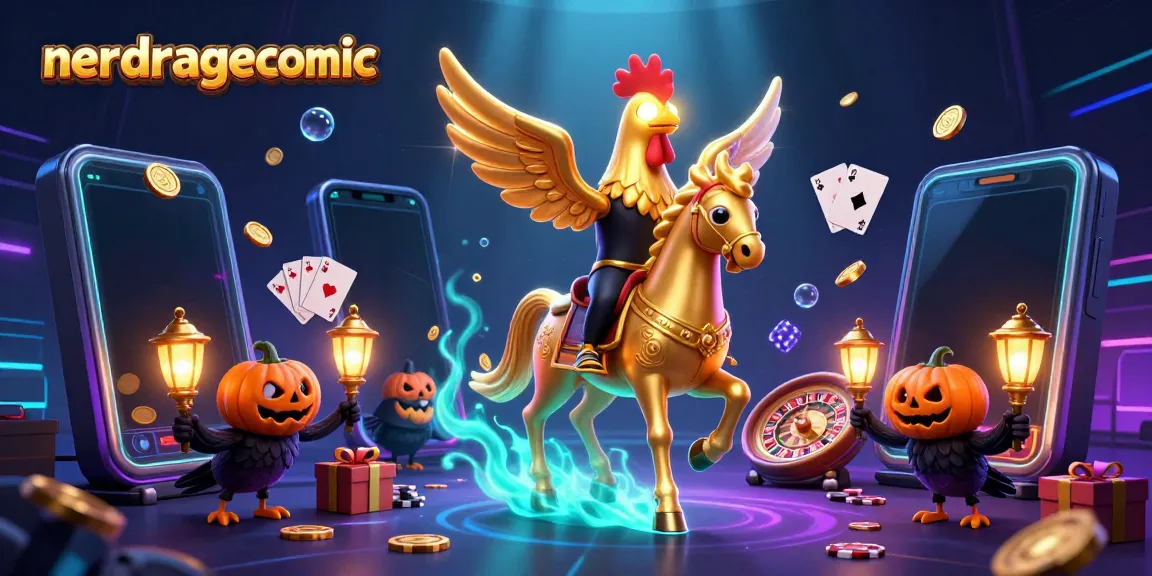 Gim slot yang berkaitan dengan nerdragecomic, menunjukkan pengocokan simbol ceria dan lampu neon.