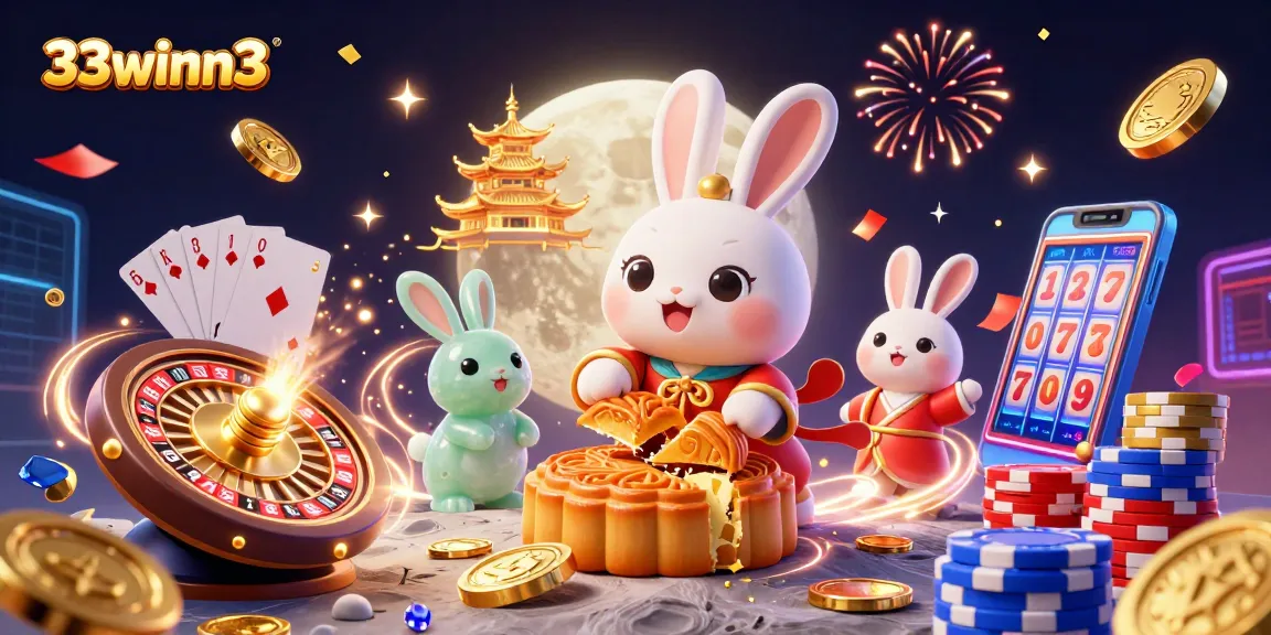 Watch the moon rabbit at 33winn3 celebrating with poker chips and slot reels.