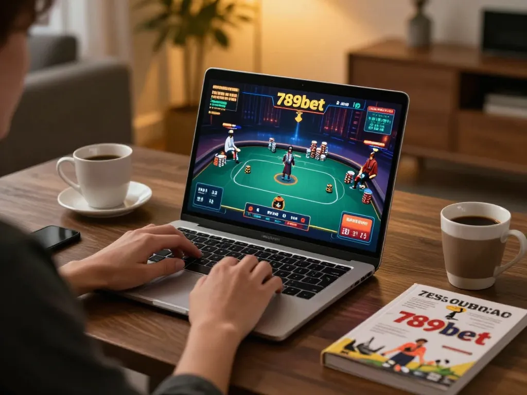 Engaging in a thrilling game on 789bet with a laptop at home, showcasing immersive online gambling.