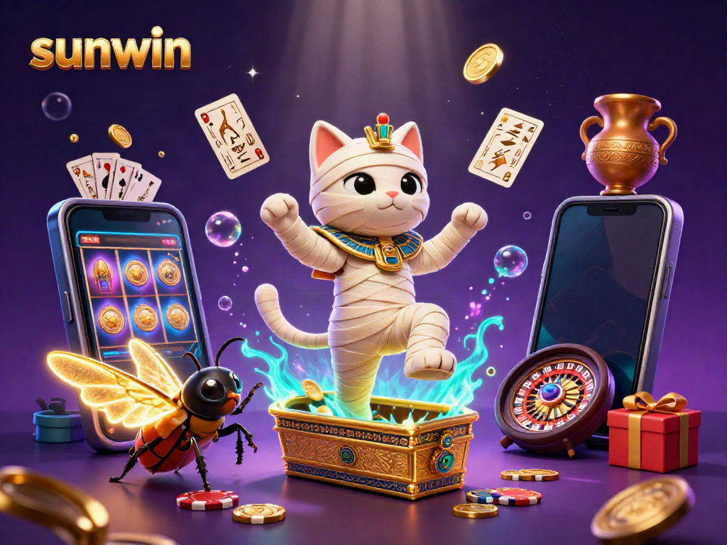 Experience thrilling gameplay at sunwin with a mummy cat and colorful casino elements bursting with excitement.