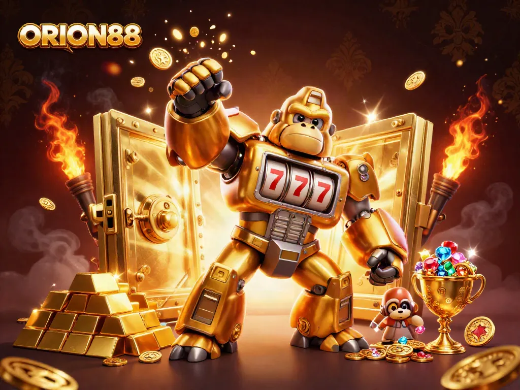Experience ORION88's thrilling gameplay with a vibrant 3D casino scene showcasing jackpot excitement.