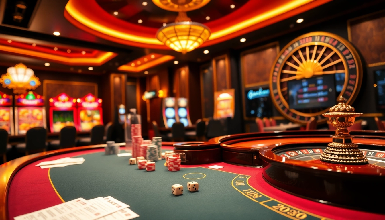 High-stakes players enjoying trusted betting at a nhà cái uy tín casino scene featuring vibrant tables and machines.