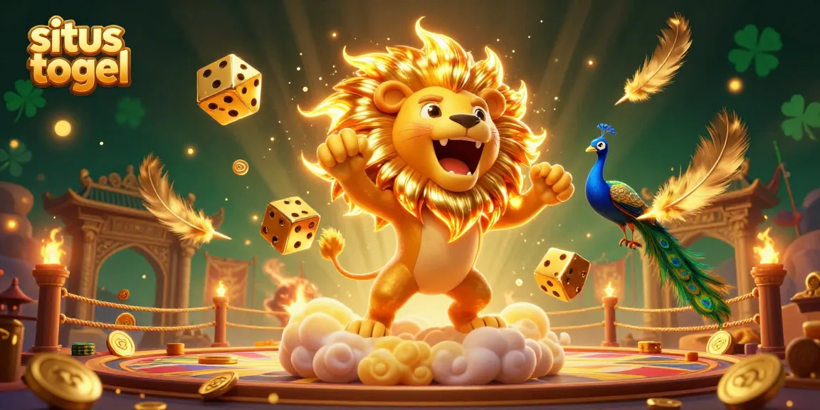 Engaging illustration of situs togel with a roaring lion, golden dice, and vibrant decorations in a dynamic lottery setting.