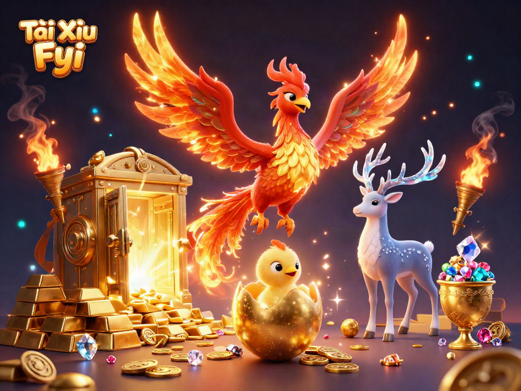 Engage in Tài Xỉu Fyi with a vibrant phoenix and mystical stag amid stunning casino treasures.