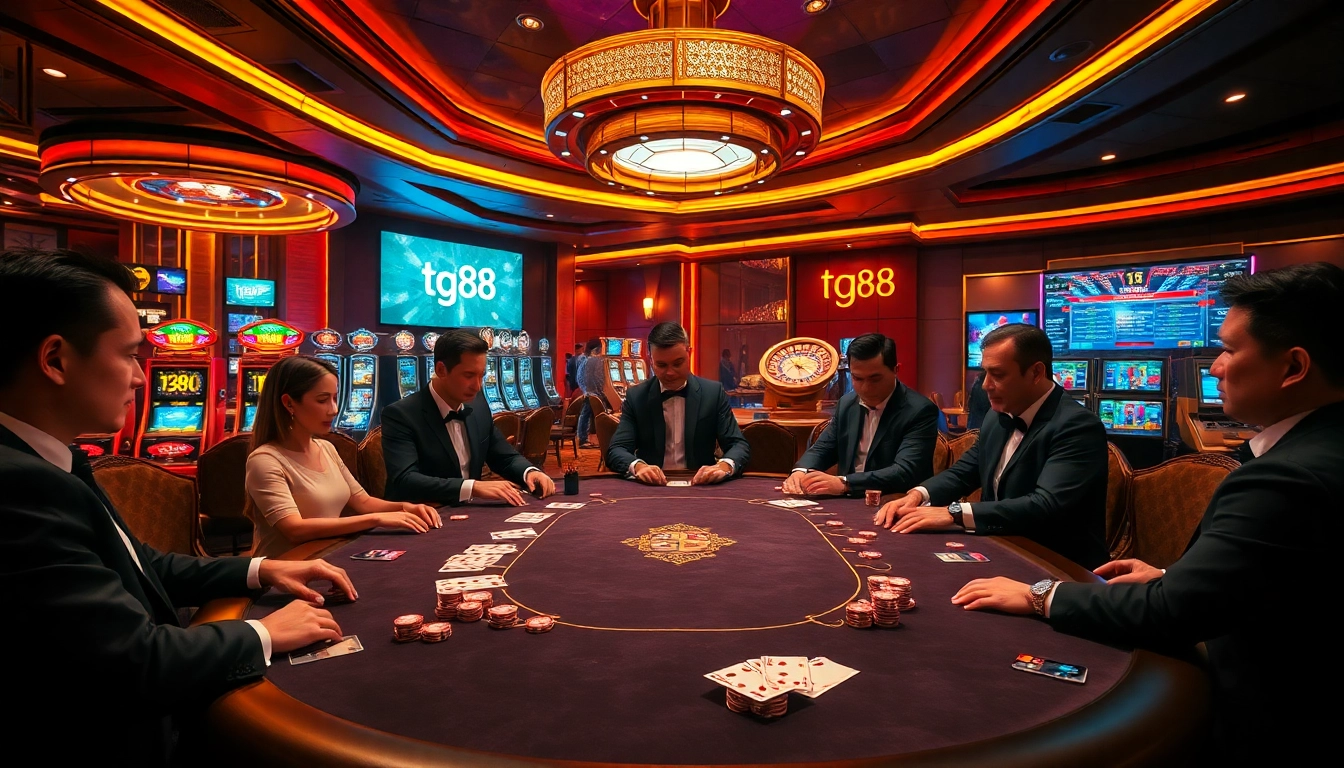 Unleashing thrilling casino action at tg88 with a luxurious poker table and vibrant slot machines.