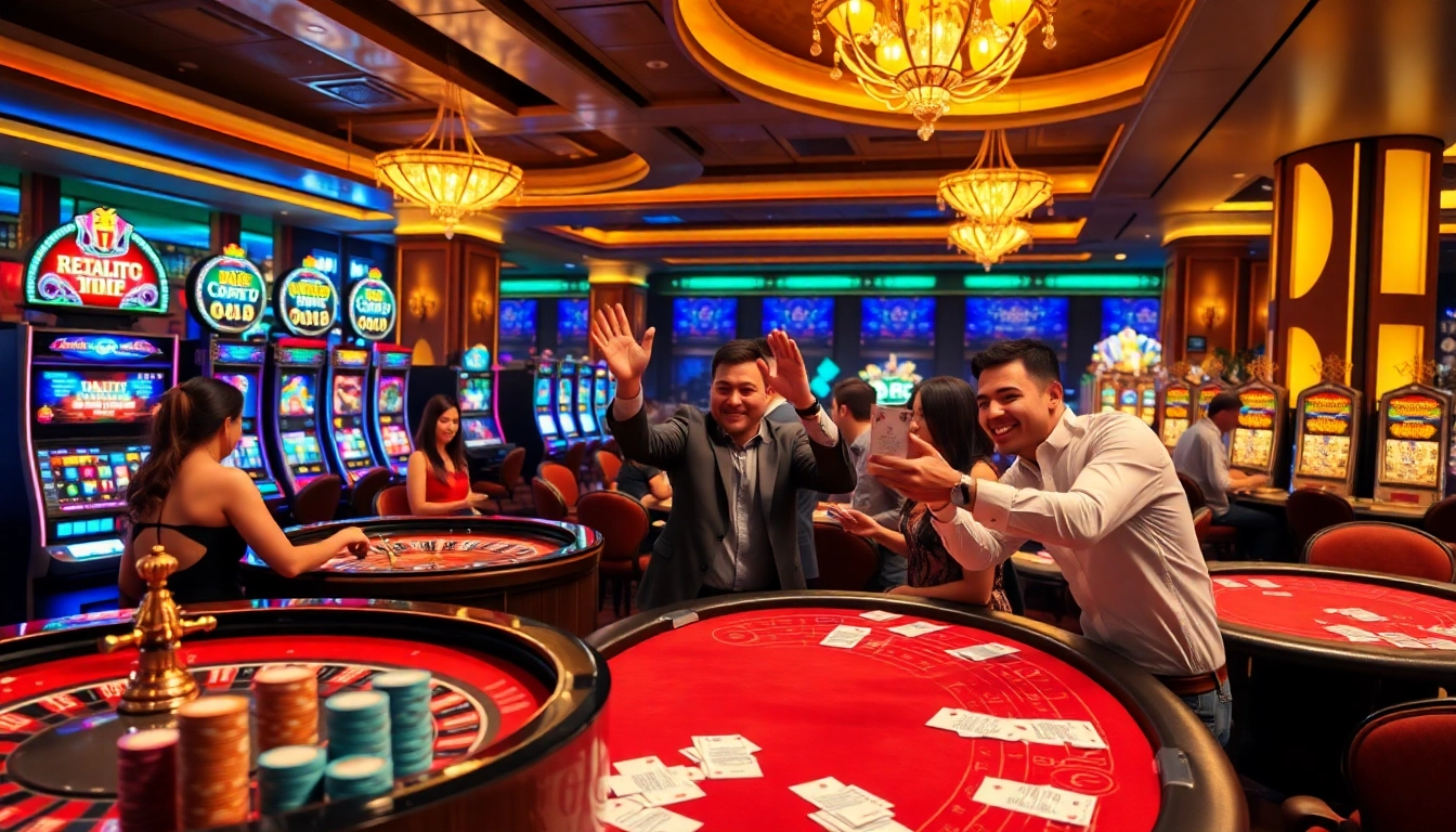 Rayakan kemenangan besar Datuk Win di kasino yang seru, menampilkan aktivitas roulette dan poker.