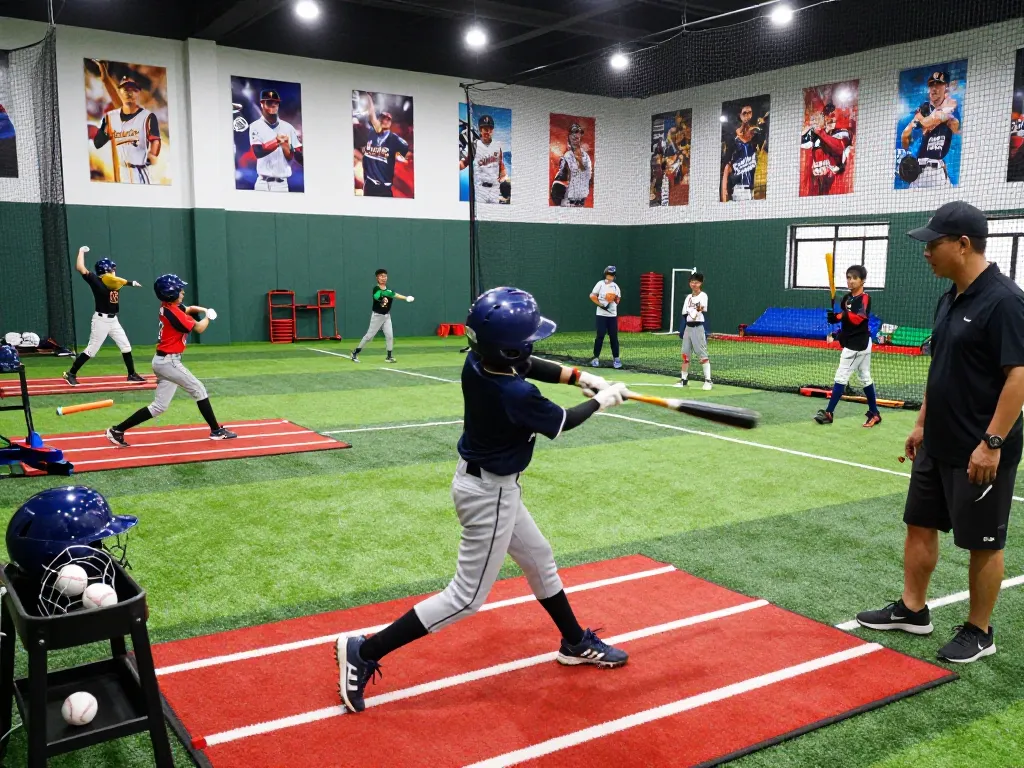 Young athletes practicing hitting at Hitclub training facility, showcasing teamwork and skill development.