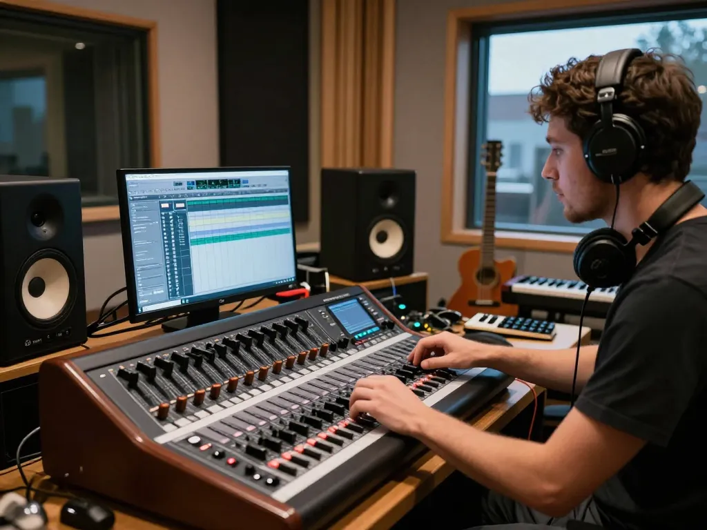 Audio engineer using DA88 multitrack recorder in vibrant studio setting