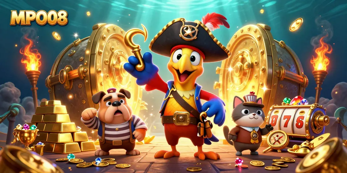 MPO08 invokes thrilling jackpot excitement as a pirate captain and friends celebrate riches in a vibrant casino.